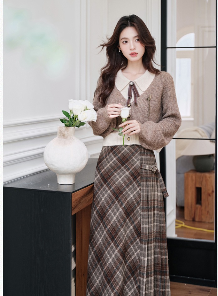 Sueding skirt plaid long skirt