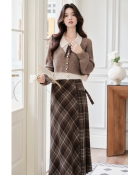 Pseudo-two plaid sweater sueding college style skirt a set