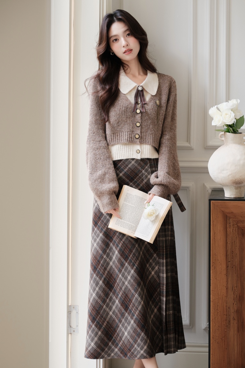 Pseudo-two plaid sweater sueding college style skirt a set