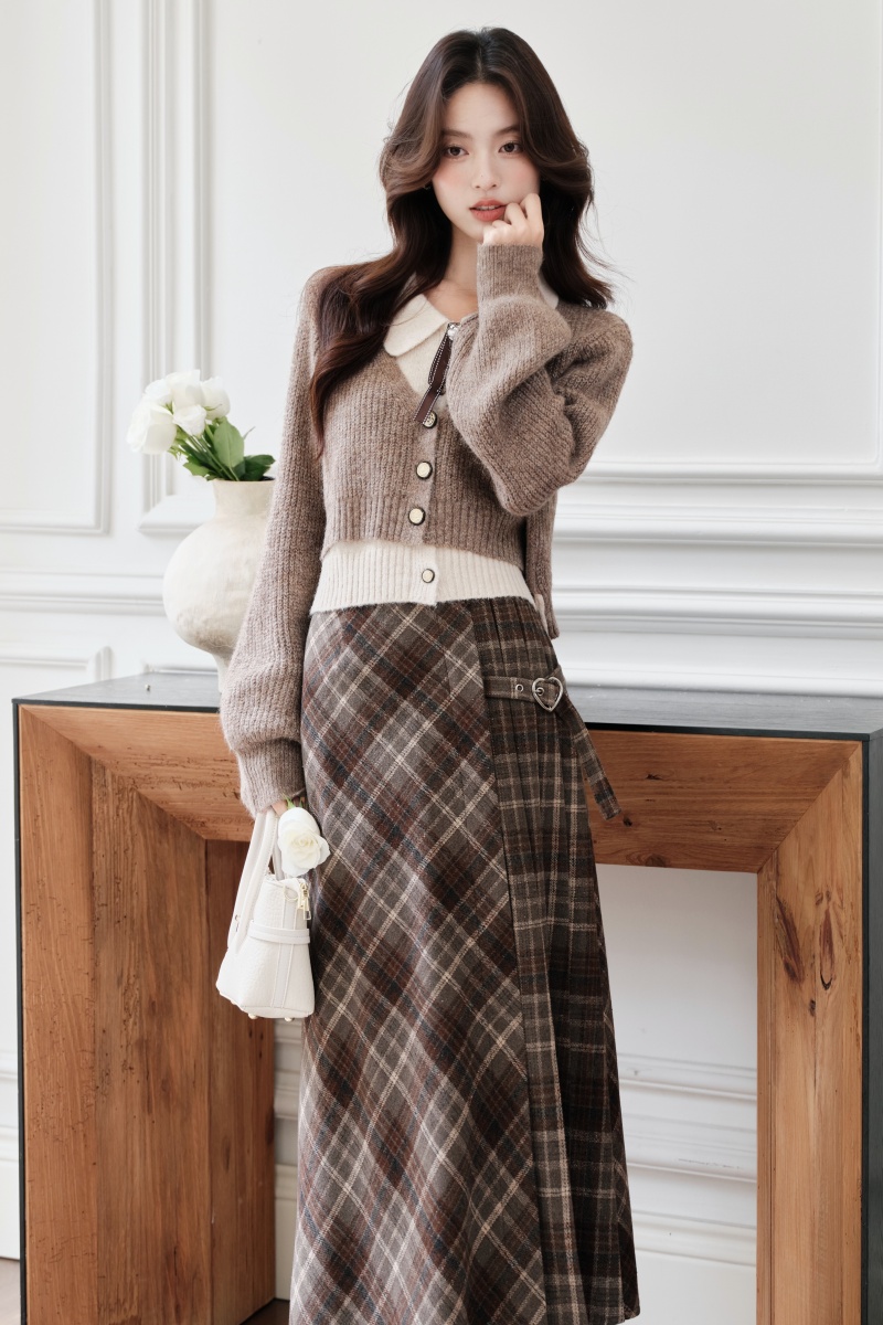 Pseudo-two plaid sweater sueding college style skirt a set