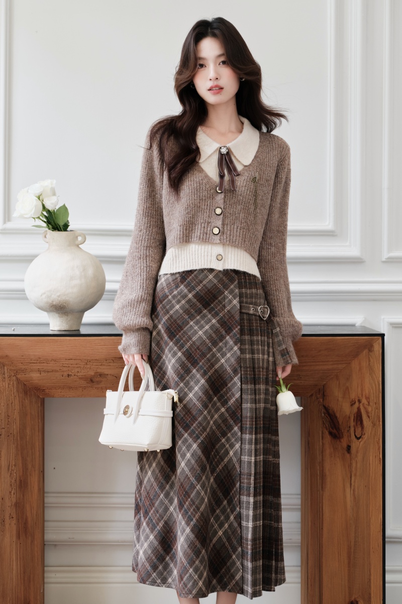 Pseudo-two plaid sweater sueding college style skirt a set