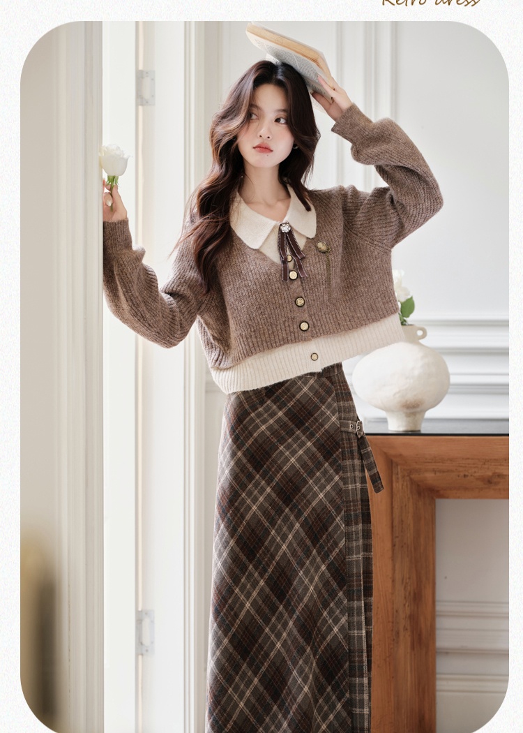 Pseudo-two plaid sweater sueding college style skirt a set