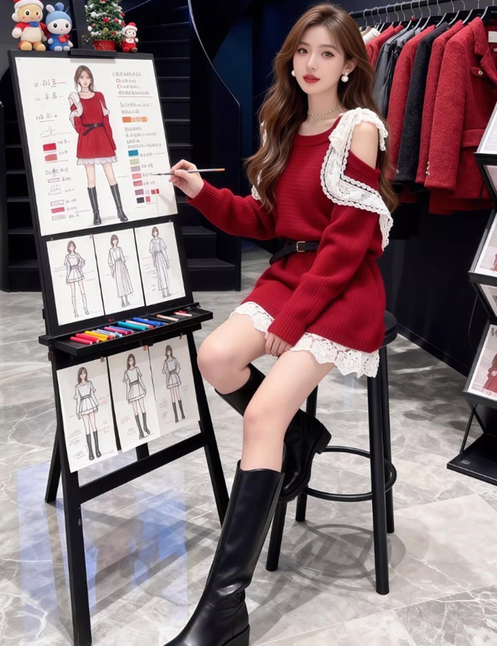 Spring all-match dress red sweater for women