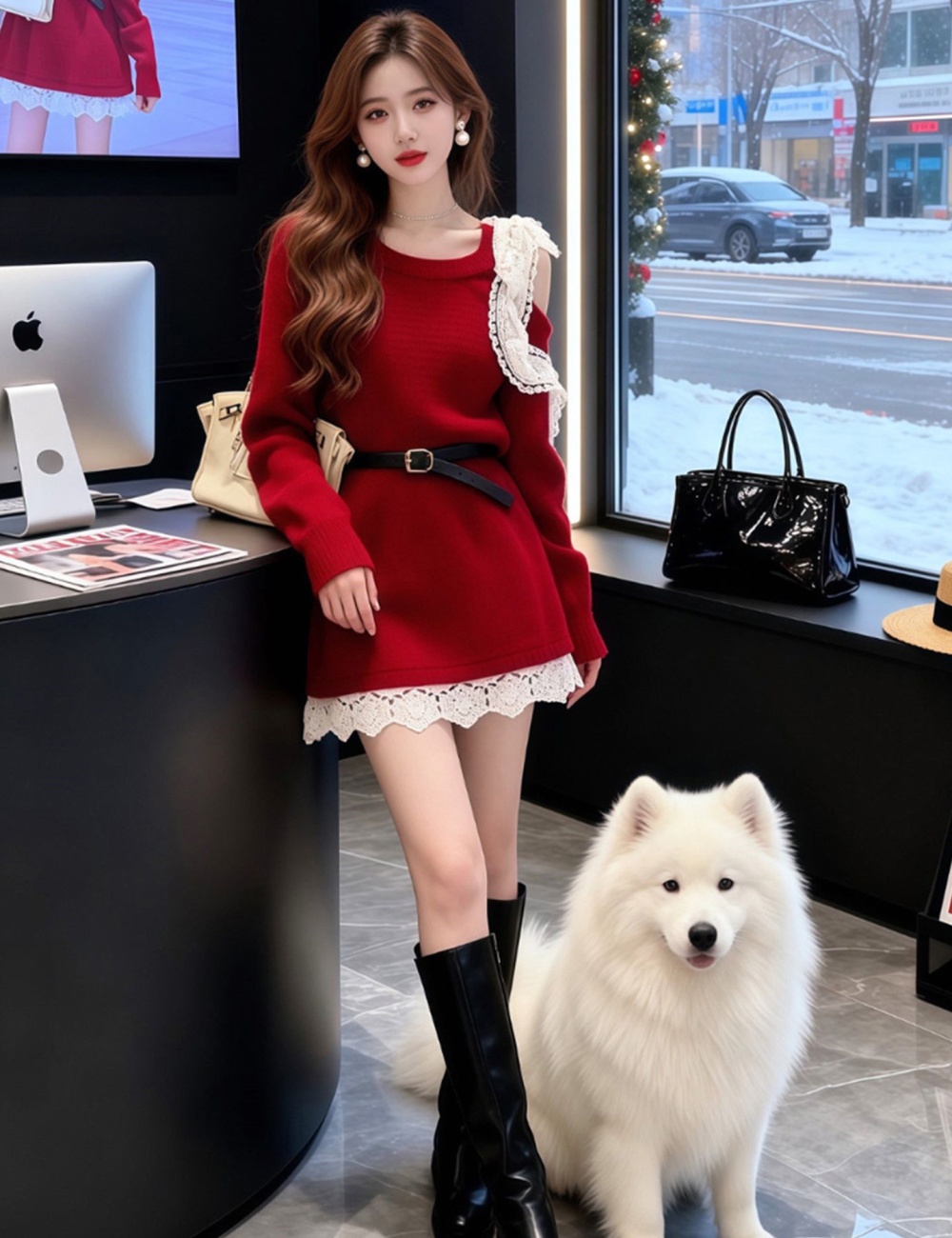 Spring all-match dress red sweater for women