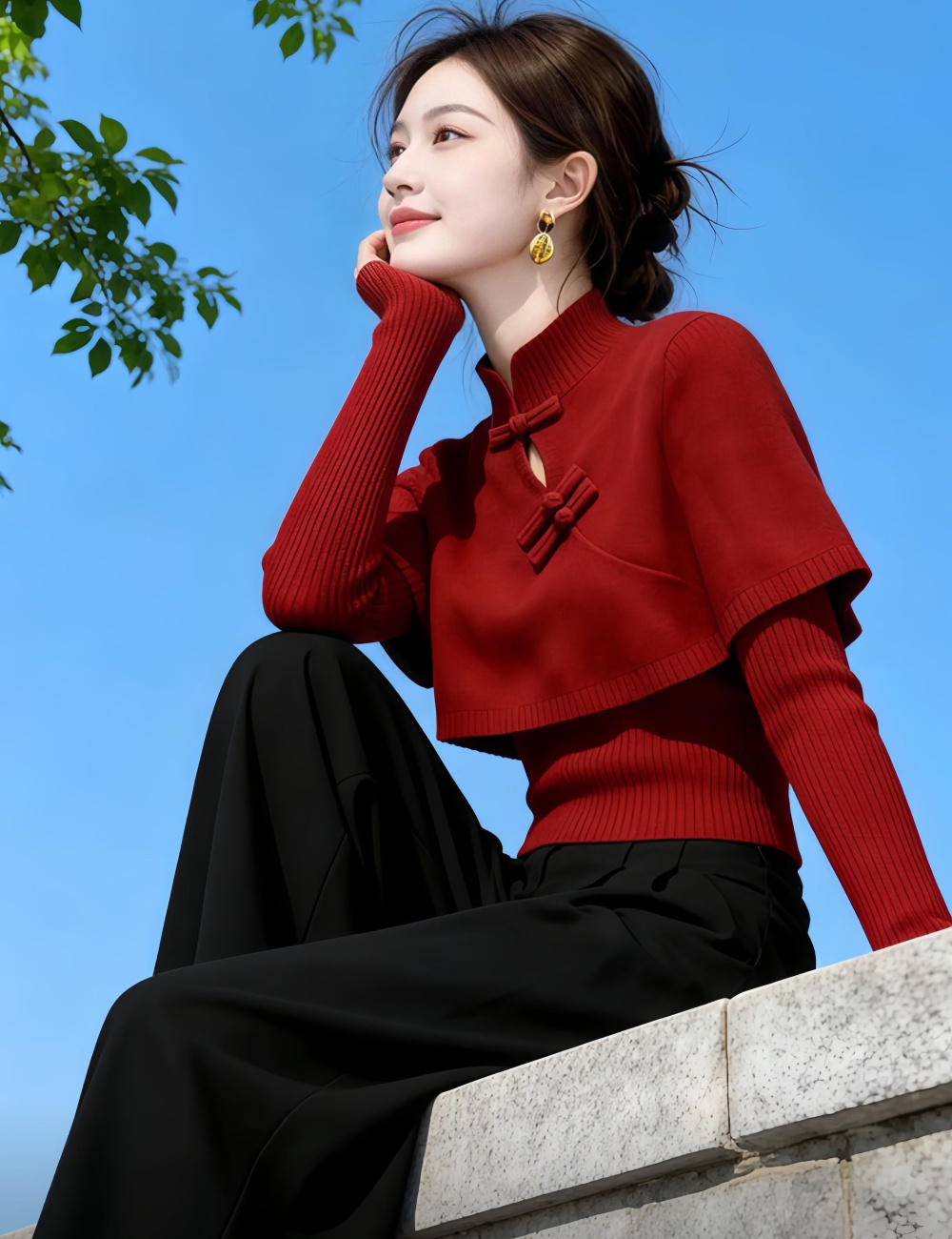 Chinese style slim red cloak autumn and winter light sweater