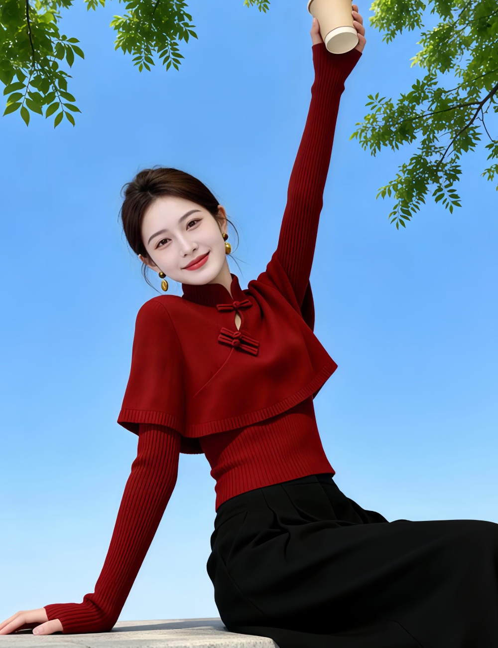 Chinese style slim red cloak autumn and winter light sweater