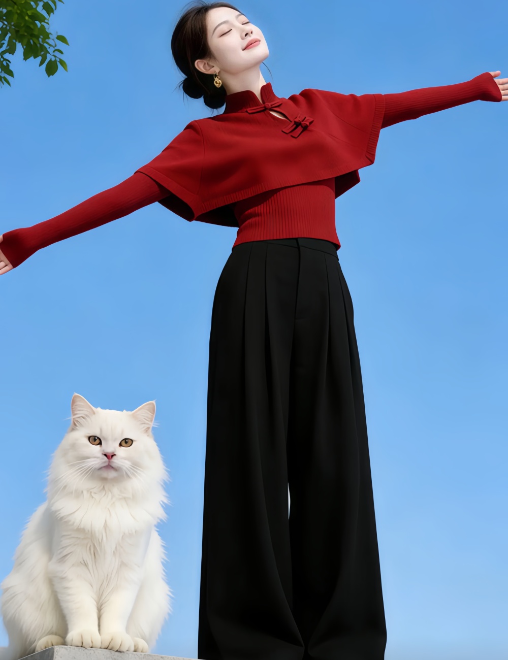 Chinese style slim red cloak autumn and winter light sweater