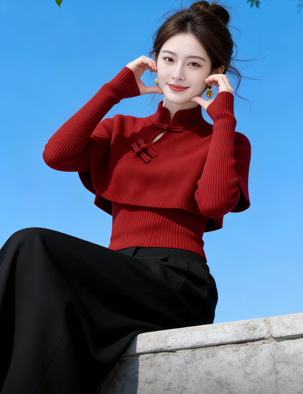 Chinese style slim red cloak autumn and winter light sweater