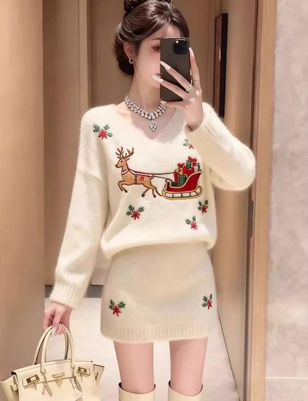 Knitted unique short skirt V-neck embroidery sweater 2pcs set