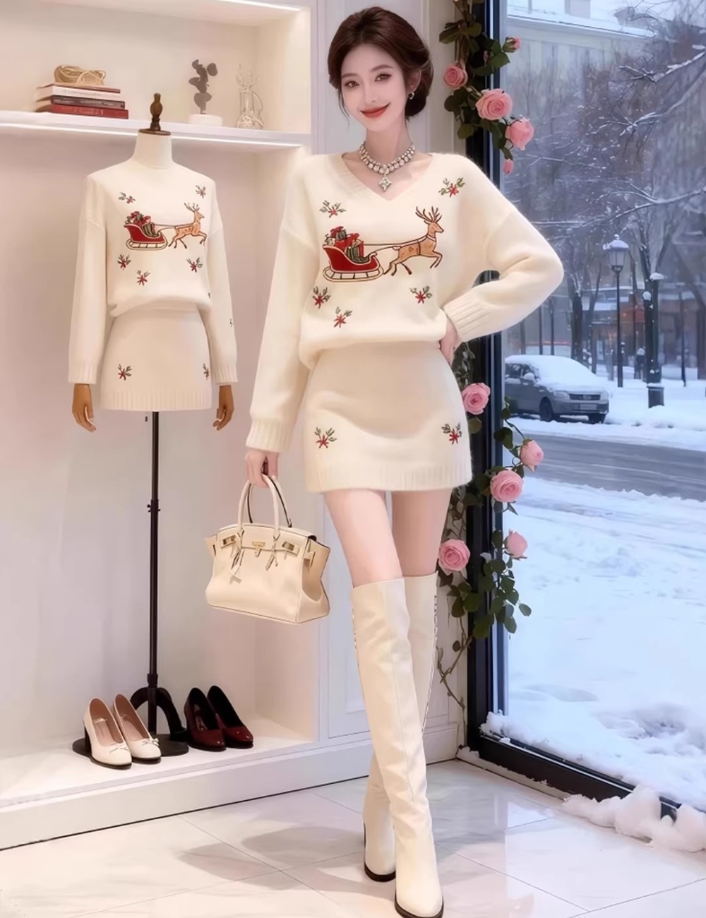 Knitted unique short skirt V-neck embroidery sweater 2pcs set