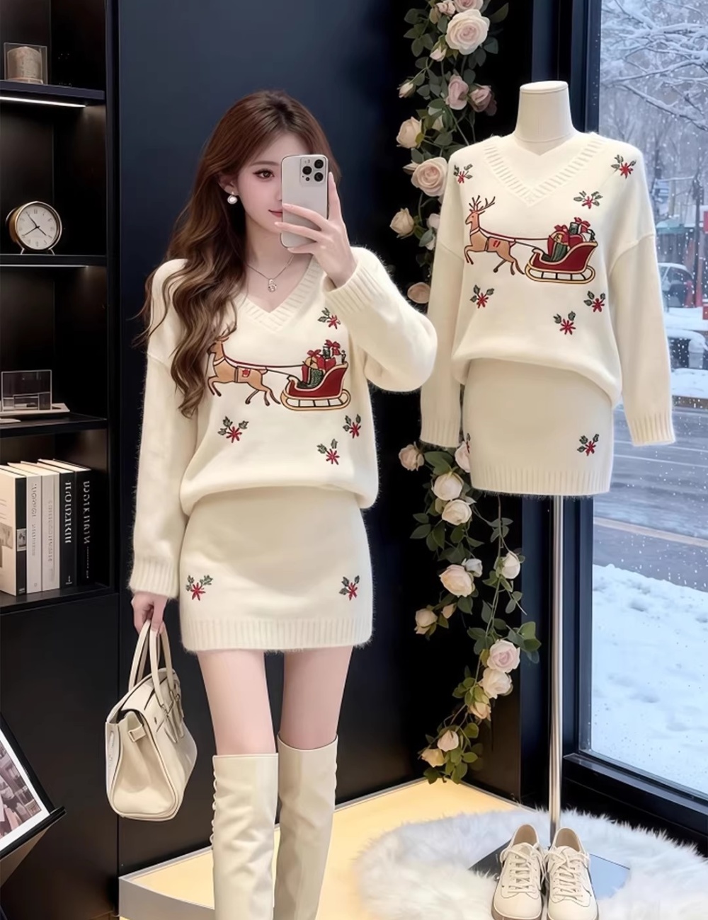 Knitted unique short skirt V-neck embroidery sweater 2pcs set
