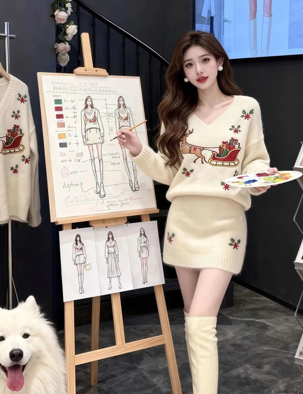 Knitted unique short skirt V-neck embroidery sweater 2pcs set