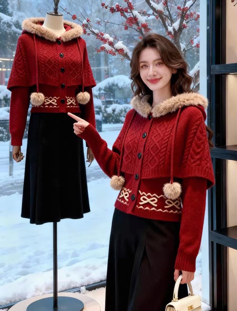 Christmas hooded winter coat unique red cardigan for women