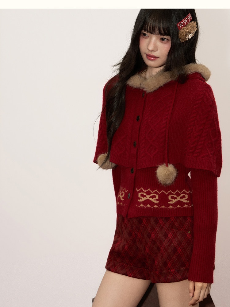 Christmas hooded winter coat unique red cardigan for women