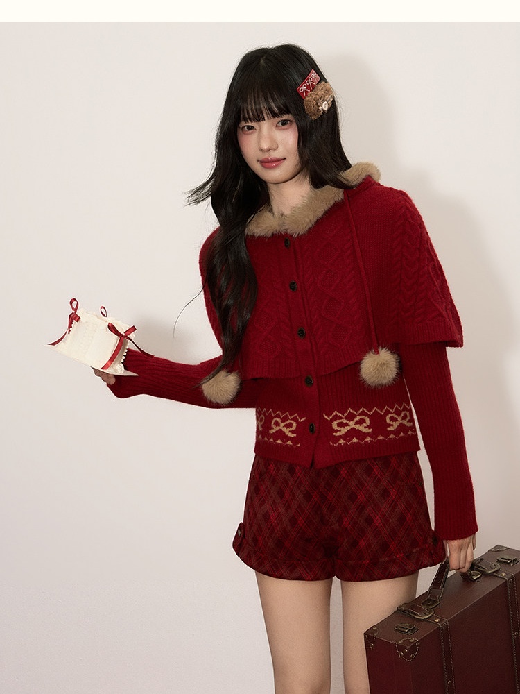 Christmas hooded winter coat unique red cardigan for women