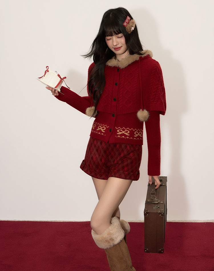 Christmas hooded winter coat unique red cardigan for women