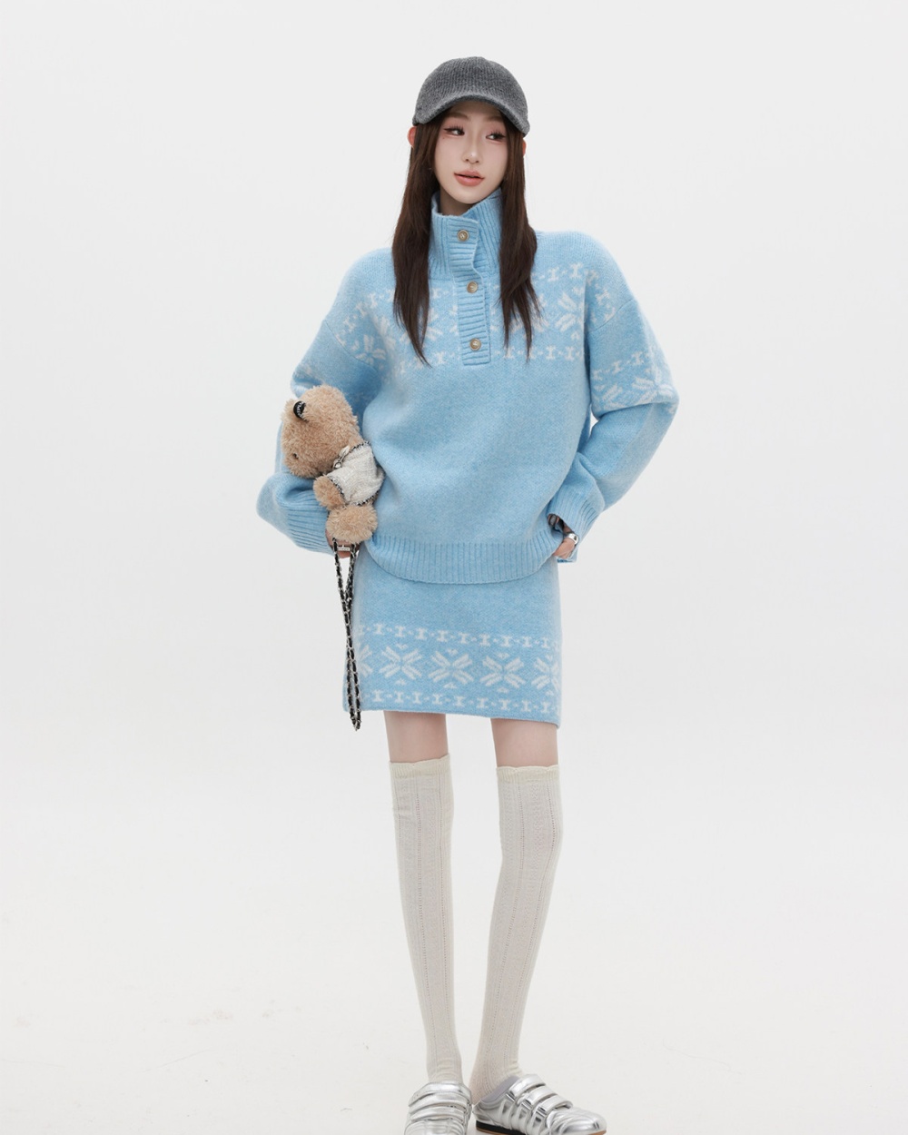 Knitted sweater short skirt 2pcs set for women