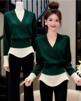 Pinched waist slim V-neck sweater France style long sleeve tops
