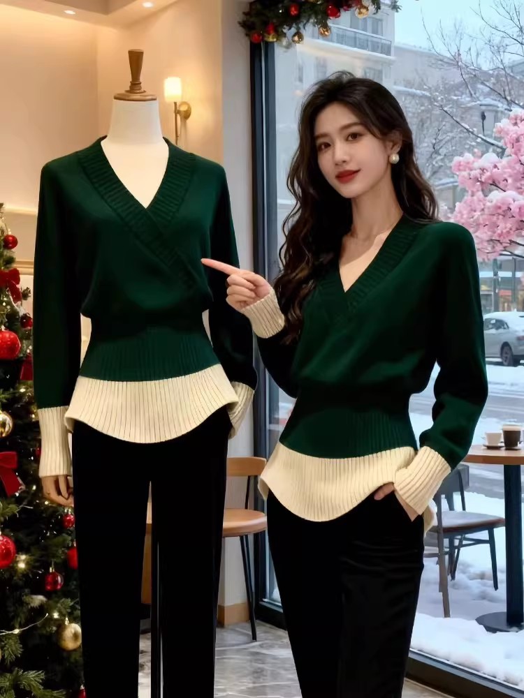 Pinched waist slim V-neck sweater France style long sleeve tops