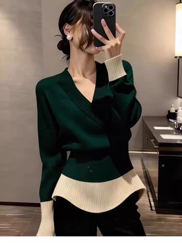 Pinched waist slim V-neck sweater France style long sleeve tops