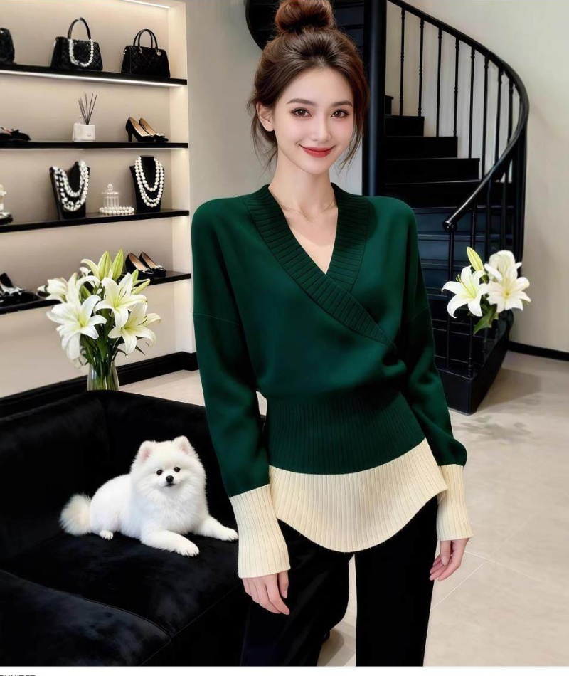 Pinched waist slim V-neck sweater France style long sleeve tops