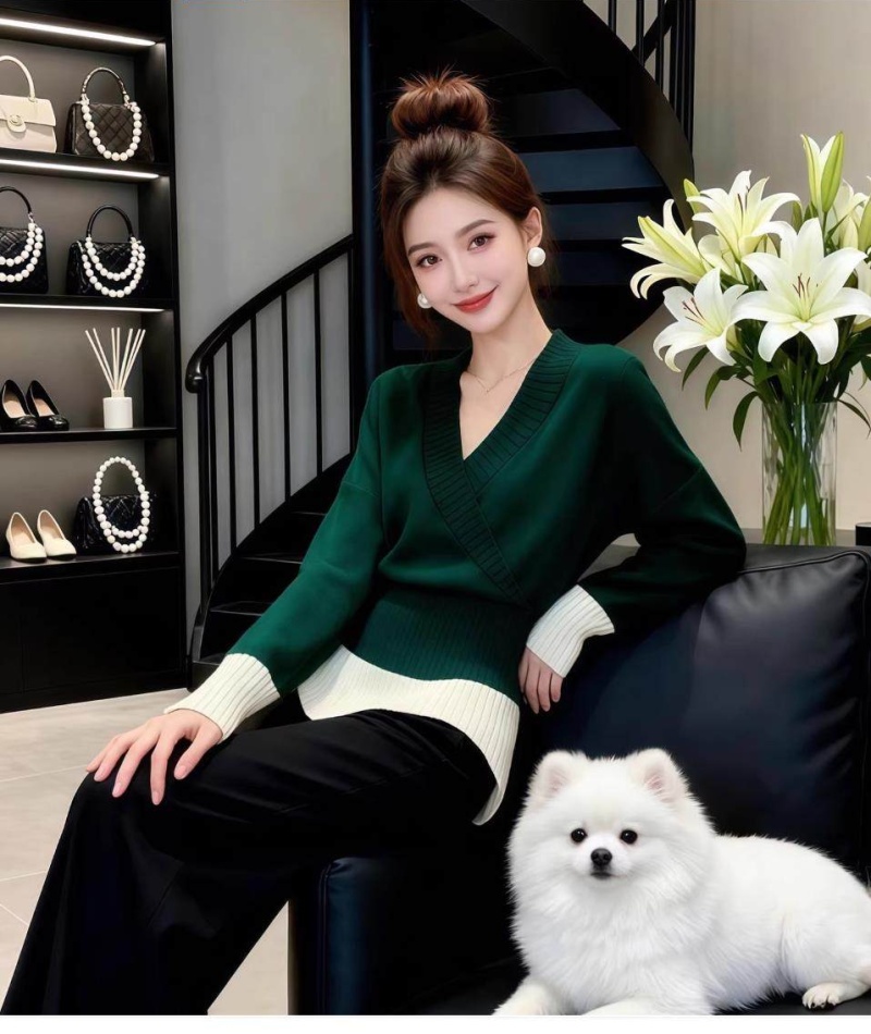 Pinched waist slim V-neck sweater France style long sleeve tops