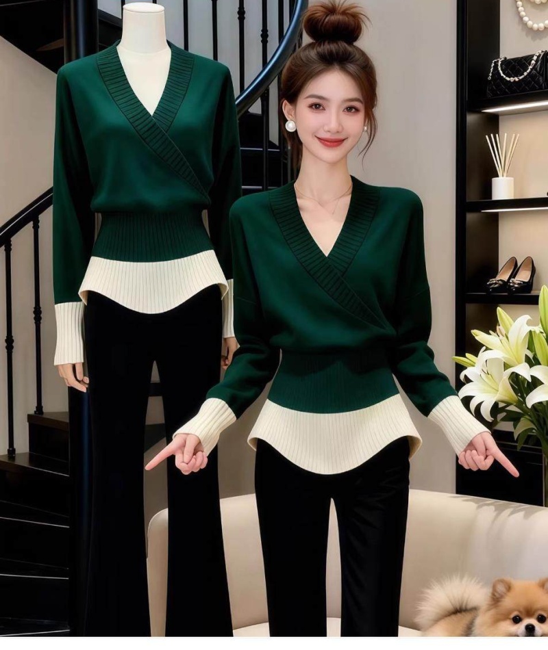 Pinched waist slim V-neck sweater France style long sleeve tops