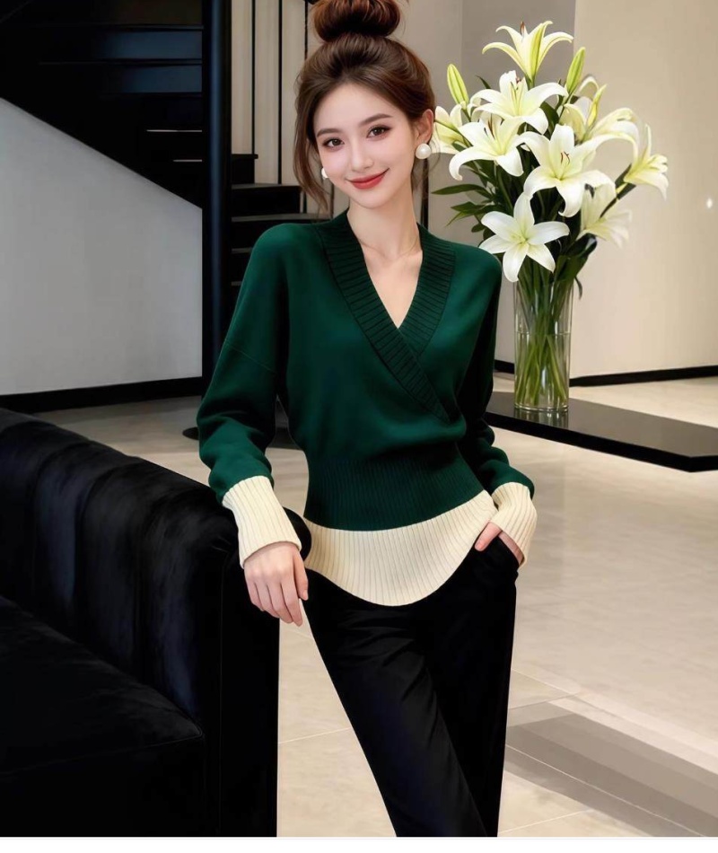 Pinched waist slim V-neck sweater France style long sleeve tops
