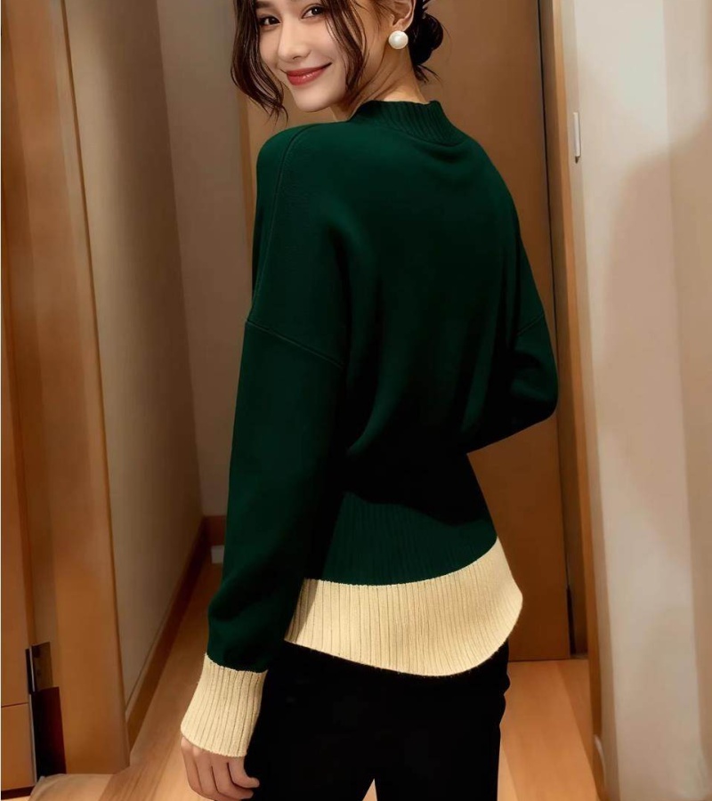 Pinched waist slim V-neck sweater France style long sleeve tops