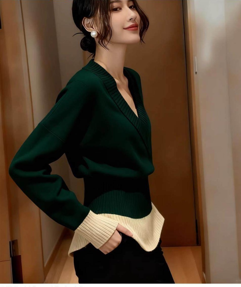 Pinched waist slim V-neck sweater France style long sleeve tops