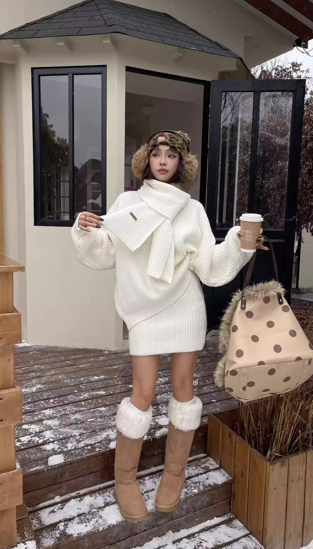 Lazy knitted high waist scarves thick loose skirt 3pcs set