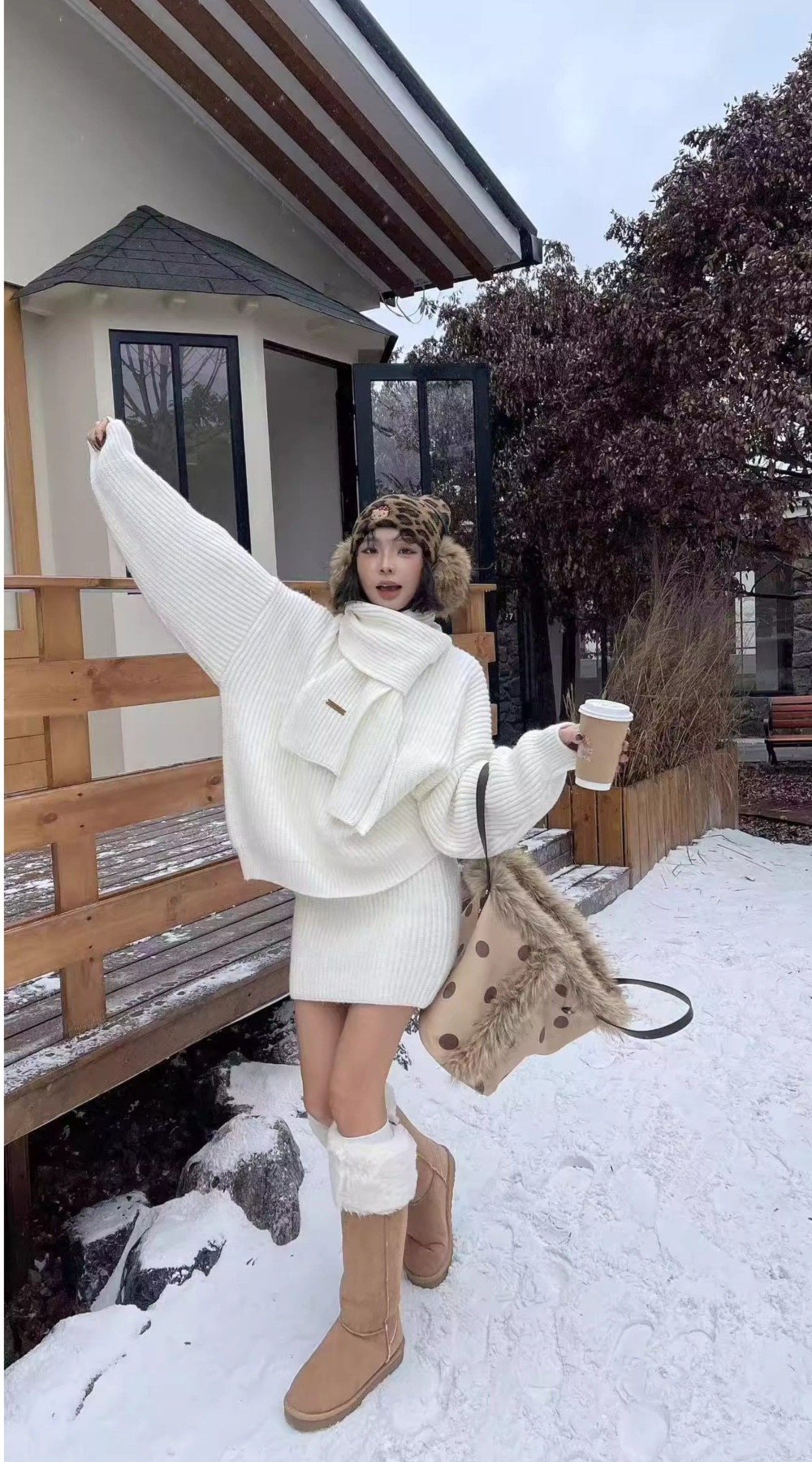 Lazy knitted high waist scarves thick loose skirt 3pcs set