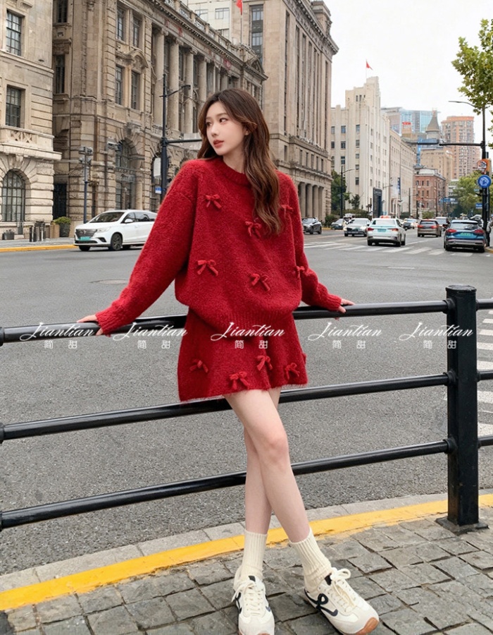 Loose short skirt sweater 2pcs set for women