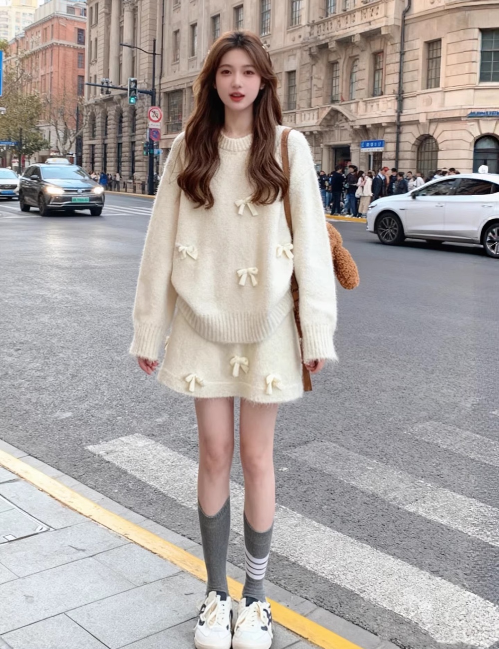 Loose short skirt sweater 2pcs set for women