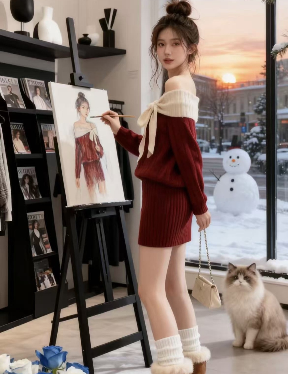 Knitted bow dress winter strapless T-back for women