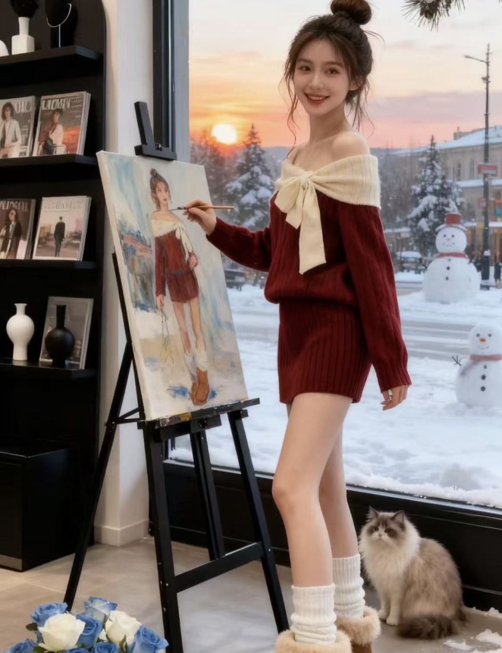 Knitted bow dress winter strapless T-back for women