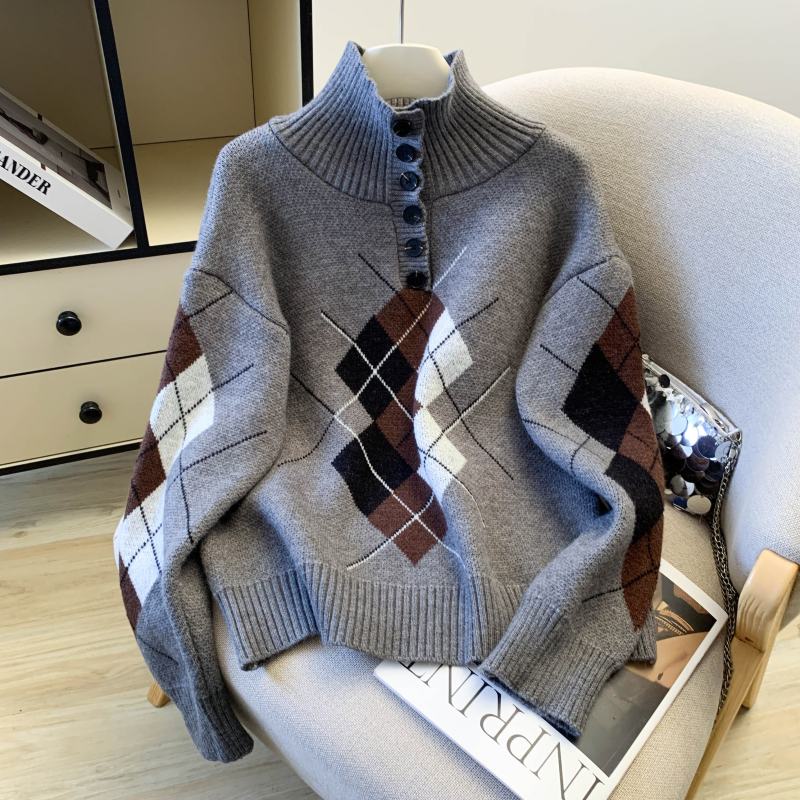 Pullover high collar tops quilted sweater for women