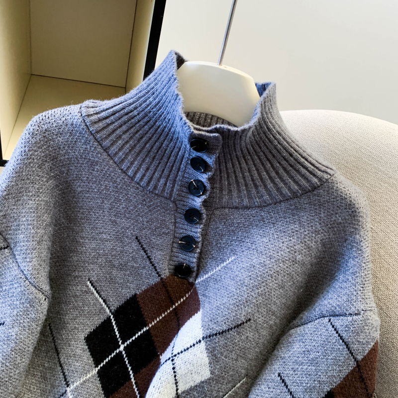 Pullover high collar tops quilted sweater for women