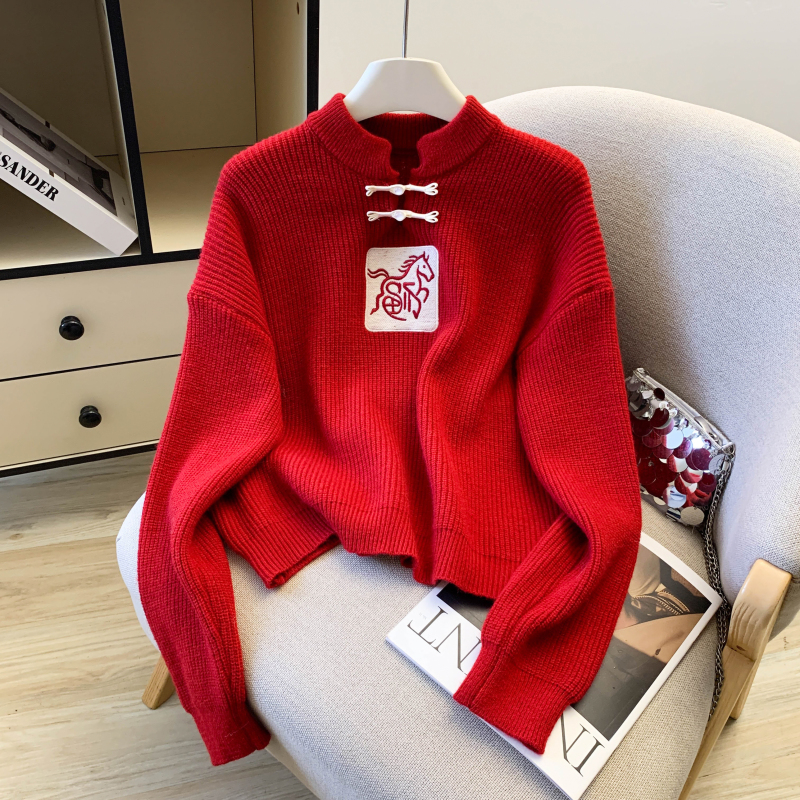 Pullover jacquard fashion tops Western style pony red sweater