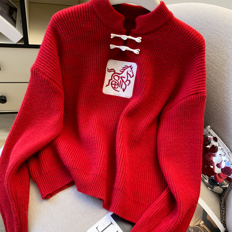 Pullover jacquard fashion tops Western style pony red sweater