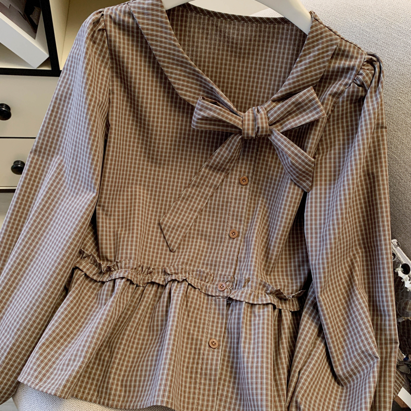 Long sleeve temperament retro shirt bandage bow tops