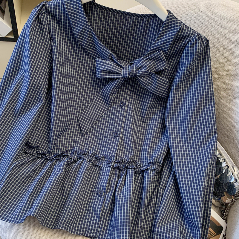 Long sleeve temperament retro shirt bandage bow tops