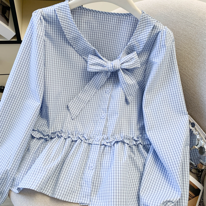 Long sleeve temperament retro shirt bandage bow tops