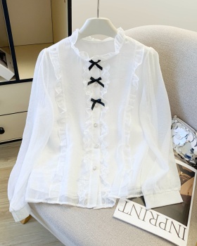 Long sleeve spring splice lace chiffon shirt for women