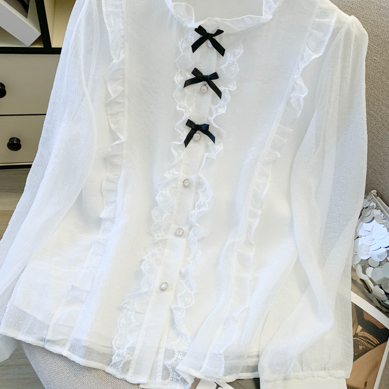 Long sleeve spring splice lace chiffon shirt for women