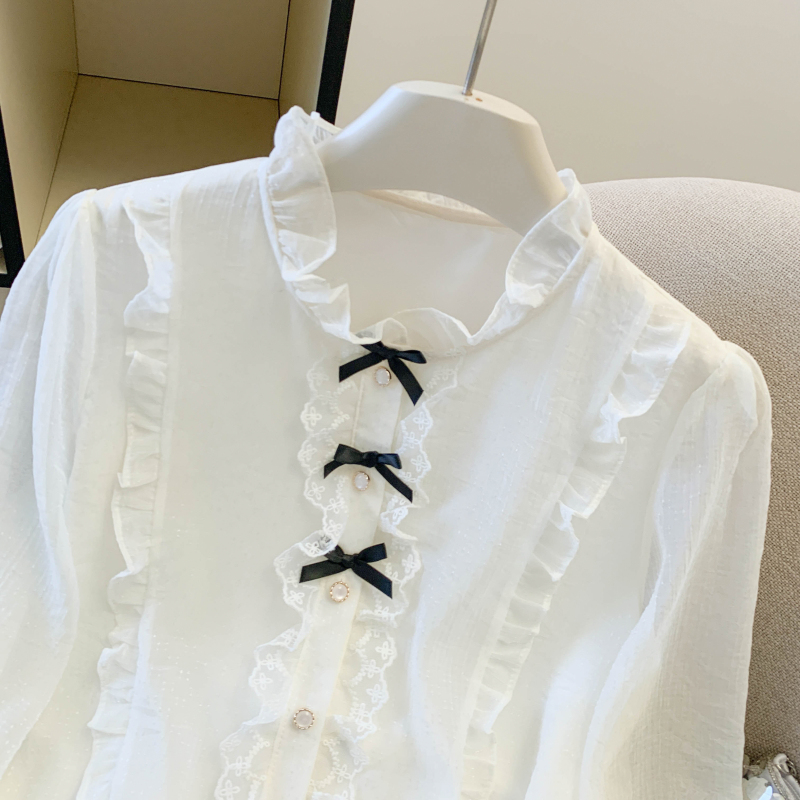 Long sleeve spring splice lace chiffon shirt for women