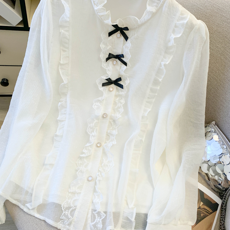 Long sleeve spring splice lace chiffon shirt for women
