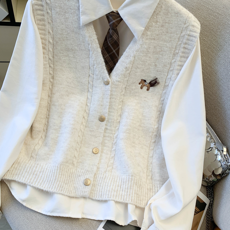 Pony long sleeve waistcoat spring shirt 3pcs set for women