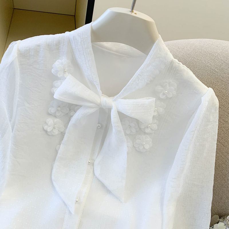 Bow long sleeve Western style tops apricot spring shirt