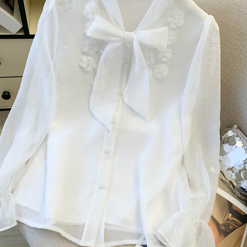 Bow long sleeve Western style tops apricot spring shirt